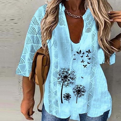 

Mulheres Camisa Social Blusa Preto Branco Amarelo Floral Renda Imprimir Manga 3/4 Para Noite Final de semana Roupa de rua Decote U Padrão Algodão L