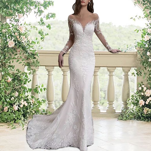 

Mermaid / Trumpet Wedding Dresses Jewel Neck Sweep / Brush Train Lace Tulle Long Sleeve Formal Sexy Luxurious Backless with Appliques 2022