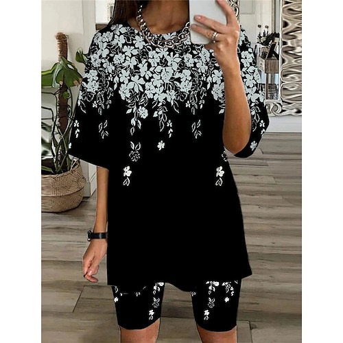 

Women's Loungewear Sets Nighty 2 Pieces Flower Fashion Comfort Home Daily Polyester Crew Neck Half Sleeve T shirt Tee Shorts Spring Summer Blue Purple