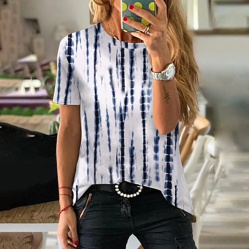 

Women's T shirt Tee Green Blue Purple Tie Dye Print Short Sleeve Casual Weekend Basic Round Neck Regular Abstract Painting S / 3D Print