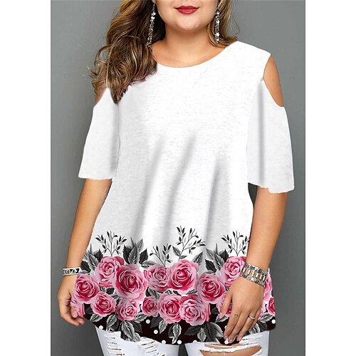 

Women's Plus Size Tops Blouse Shirt Floral Graphic Patterned Cut Out Print Half Sleeve Crewneck Streetwear Daily Going out Cotton Spandex Jersey Spring Summer White Blue