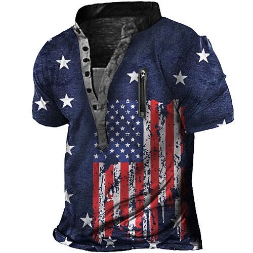 

Men's T shirt Tee Henley Shirt Tee Graphic National Flag Stand Collar Blue 3D Print Plus Size Outdoor Daily Zipper Button-Down Clothing Apparel Basic Designer Casual Big and Tall / Summer / Summer
