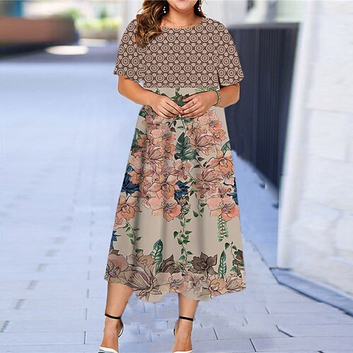 

Women's Plus Size Casual Dress Floral Crew Neck Print Short Sleeve Fall Spring Vintage Work Casual Maxi long Dress Daily Vacation Dress