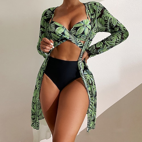 

Women's Swimwear Bikini Three Piece Normal Swimsuit Push Up Printing High Waisted Leaves Green V Wire Bathing Suits New Vacation Sexy / Modern