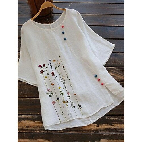 

Women's Plus Size Tops Blouse Floral Print 3/4 Length Sleeve Round Neck Basic Vacation Weekend Cotton Fall Winter White