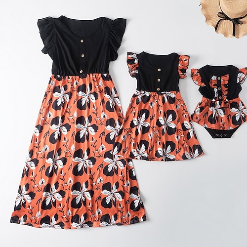 

Mommy and Me Dresses Floral Leaf Street Ruched Green Blue Red Short Sleeve Midi Adorable Matching Outfits