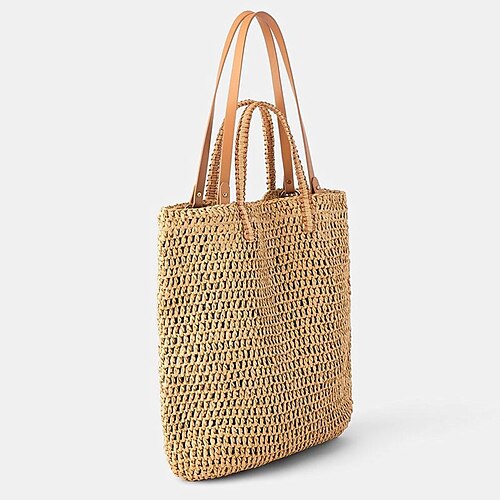 

Women's Unisex Straw Bag Beach Bag Top Handle Bag Straw Solid Color Holiday Going out Natural Color Pink khaki