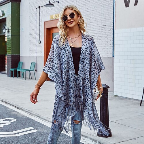 

Women's Shirt Shrugs Yellow Gray Leopard Tassel Asymmetric Half Sleeve Holiday Beach Casual Beach V Neck Long One-Size / 3D Print