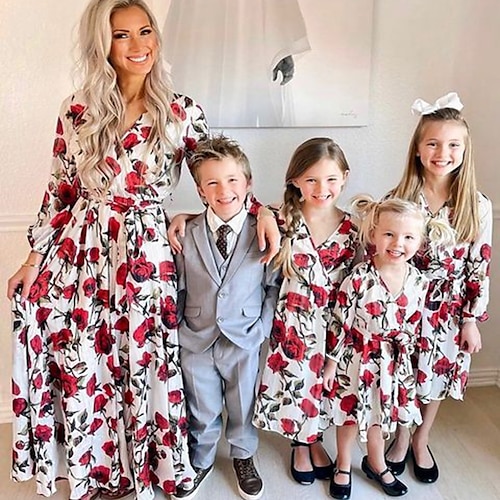 

Mommy and Me Dresses Graphic Floral Daily Lace up Red Long Sleeve Maxi Vacation Matching Outfits / Spring / Print