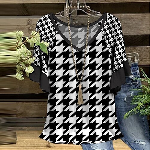 

Women's Plus Size Curve Tops Blouse Shirt Striped Houndstooth Ruffle Print Half Sleeve V Neck Streetwear Daily Going out Polyester Spring Summer Black And White White / Graphic