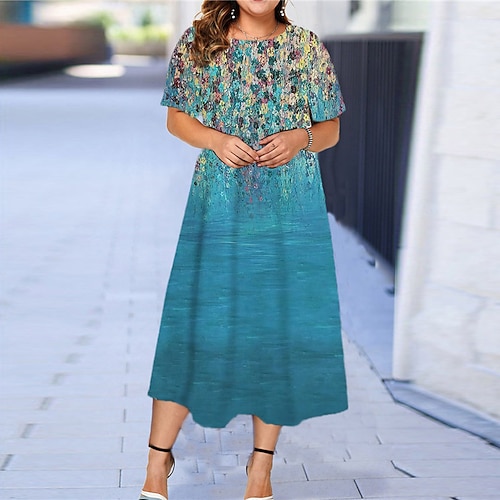 

Women's Plus Size Casual Dress Floral Crew Neck Print Short Sleeve Fall Spring Work Casual Maxi long Dress Daily Vacation Dress