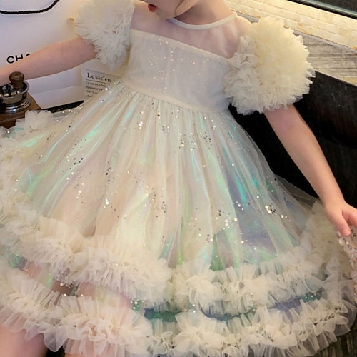 

Kids Little Girls' Dress Sequin A Line Dress Party Performance Mesh Sparkle Beige Asymmetrical Short Sleeve Princess Sweet Dresses Spring Summer Regular Fit 2-8 Years