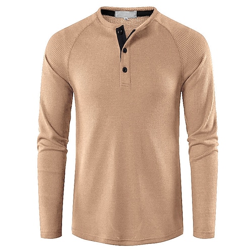 

Men's T shirt Tee Bishop Sleeve Color Block Henley Stard Spring & Fall Khaki LightBlue Apricot