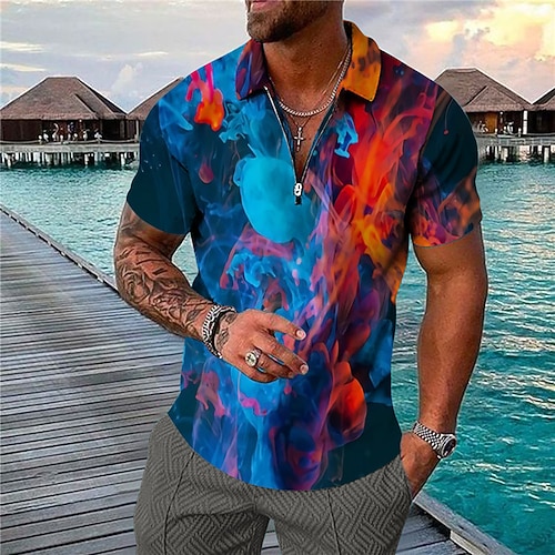 

Men's Collar Polo Shirt Golf Shirt Gradient Turndown Blue 3D Print Casual Daily Short Sleeve Zipper Print Clothing Apparel Fashion Designer Casual Breathable / Sports