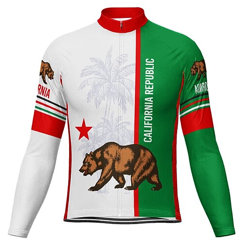 

21Grams Men's Cycling Jersey Long Sleeve Bike Jersey Top with 3 Rear Pockets Mountain Bike MTB Road Bike Cycling Breathable Quick Dry Moisture Wicking Reflective Strips Green California Republic