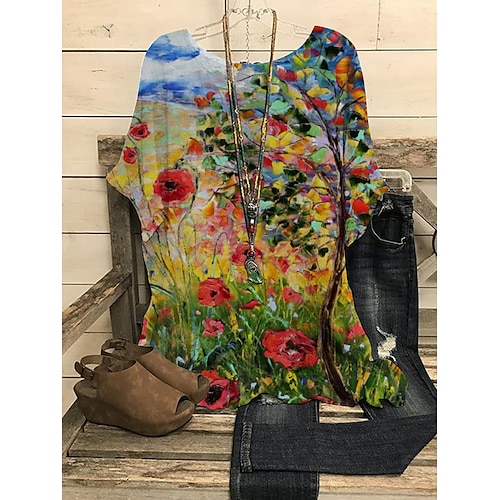 

Damen Hemd Gelb Rote Blau Blumen 3D Bedruckt Kurzarm Festtage Wochenende Strassenmode Brautkleider schlicht Rundhalsausschnitt Standard Blume 3D S