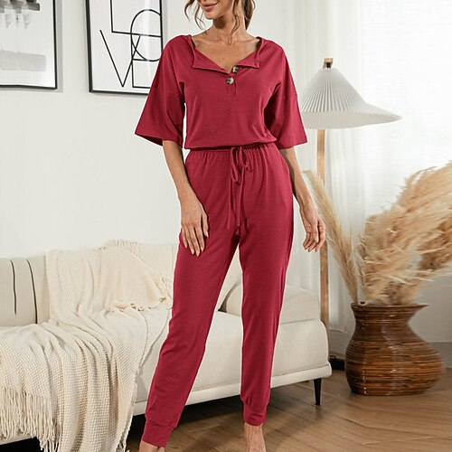 

Women's Loungewear Jumpsuits Nighty Pure Color Simple Comfort Home Street Cotton Blend Lapel Short Sleeve Spring Summer Black Wine