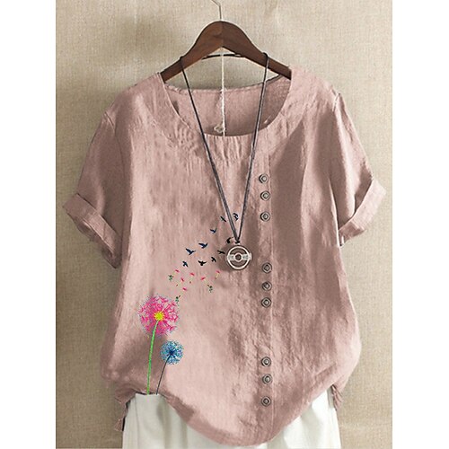 

Women's Dandelion Daily Holiday Weekend Shirt Short Sleeve Button Print Round Neck Tops Loose Green White Blue S
