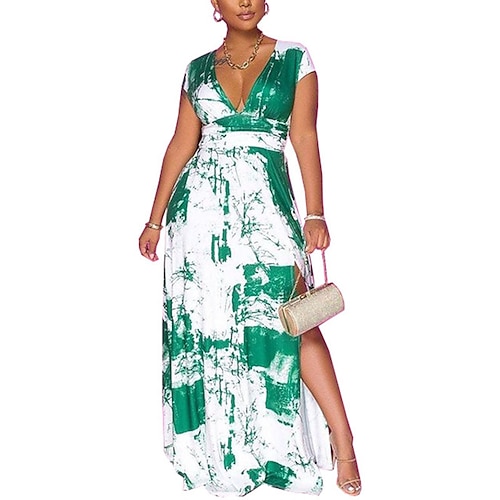 

Women's Swing Dress Maxi long Dress Yellow Wine Dark Green Short Sleeve Print Split Print Spring Summer V Neck Stylish Elegant Casual 2022 S M L XL XXL