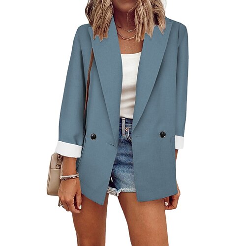 

Women's Blazer Blazer Basic Double Breasted Solid Colored Classic Shirt Collar Stard Spring & Fall Darkblue Green White Black Blue