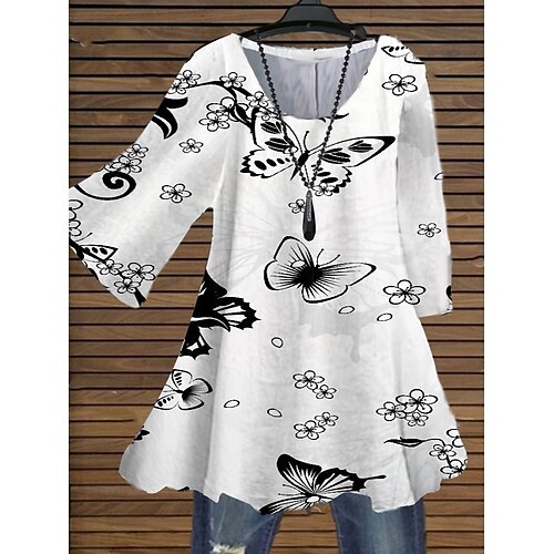 

Women's Plus Size Tops Blouse Shirt Color Gradient Butterfly Print 3/4 Length Sleeve Crewneck Streetwear Daily Holiday Cotton Spandex Jersey Fall Spring White Blue