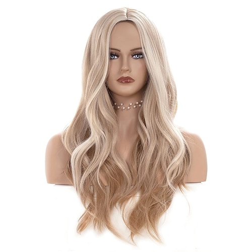 

26 Inches Platinum blonde Mix Strawberry Blonde Wigs for Women Long Wavy Middle Part Wig Natural looking Synthetic Fluffy Hair for CosplayHalloweenDaily Use