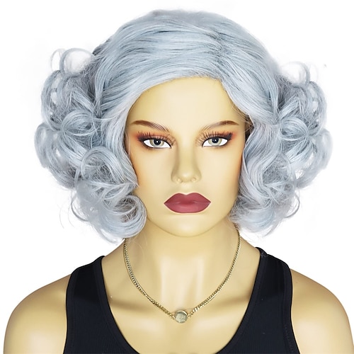 

Women Short Fluffy Cury Wig Silver Gray Wig for Old Lady Heat Resistant Synthetic Halloween Cosplay Costume Wig