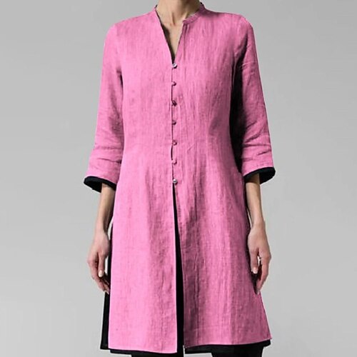 

Women's Shirt Dress Short Mini Dress Green Pink 3/4 Length Sleeve Pure Color Split Spring Summer V Neck Casual 2022 S M L XL XXL 3XL 4XL 5XL