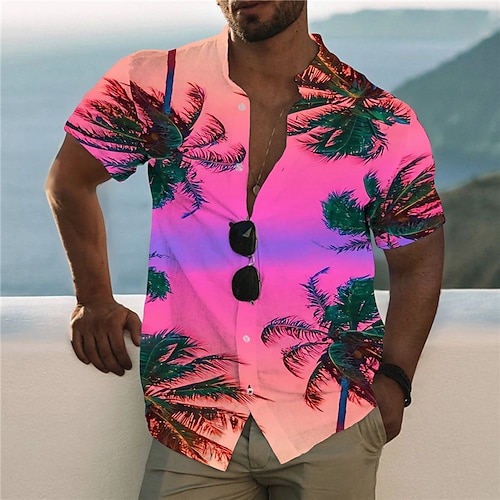 

Men's Shirt Summer Hawaiian Shirt Graphic Shirt Aloha Shirt Scenery Stand Collar Light Pink Yellow Black / Purple Pink Sky Blue 3D Print Outdoor Casual Short Sleeve Button-Down Print Clothing Apparel