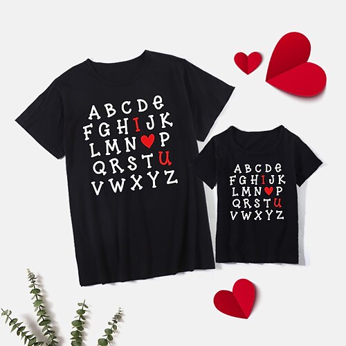 

Mommy and Me T shirt Tops Heart Letter Daily Print Black Gray Pink Short Sleeve Basic Matching Outfits