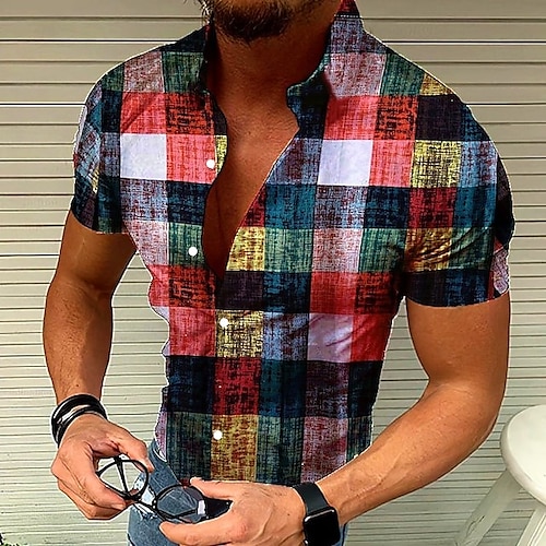 

Men's Shirt Graphic Shirt Lattice Turndown Yellow Red Blue Purple Green Print Outdoor Street Short Sleeve Patchwork Button-Down Clothing Apparel Fashion Designer Casual Breathable