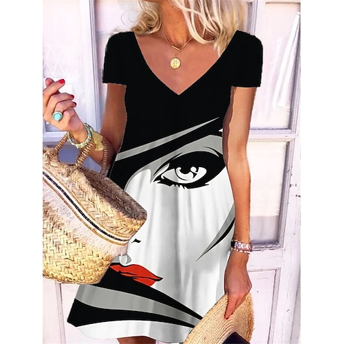 

Women's Casual Dress Shift Dress Mini Dress Black Short Sleeve Abstract Print Spring Summer V Neck 2022 S M L XL XXL 3XL