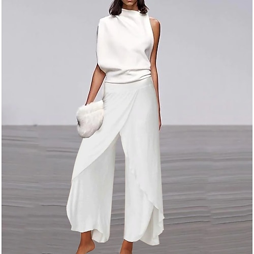 

Women's Jumpsuit Solid Color Crew Neck Elegant Daily Vacation Straight Regular Fit Sleeveless White S M L Spring