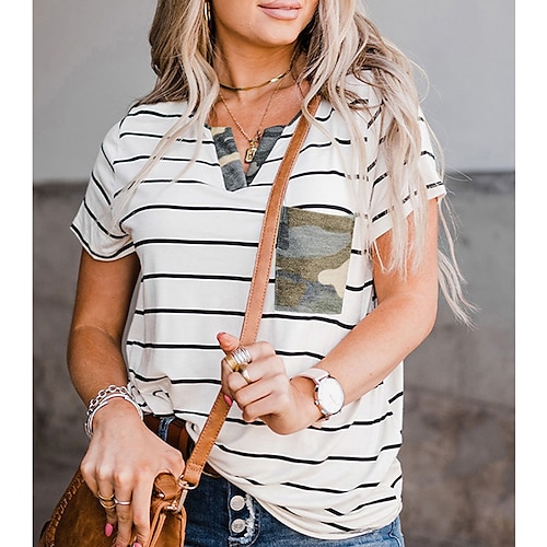 

Women's Striped Camo Casual Weekend Painting T shirt Tee Short Sleeve Pocket Print V Neck Basic Essential Tops White S