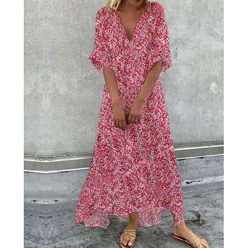 

Women's A Line Dress Maxi long Dress Pink Short Sleeve Floral Print Ruched Swing Dress Spring Summer Dress V Neck Romantic Vacation 2023 S-3XL