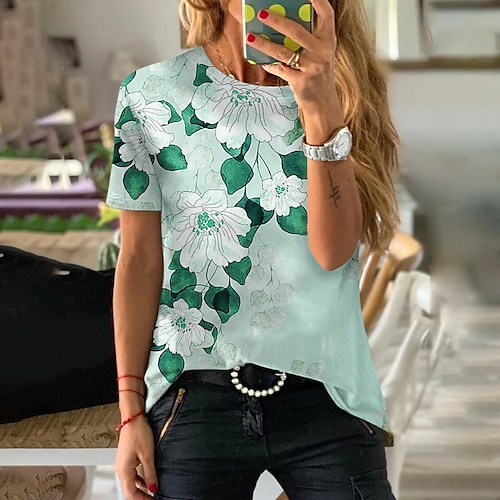 

Women's T shirt Tee Green Blue Purple Floral Print Short Sleeve Casual Holiday Basic Round Neck Regular Floral Painting S / 3D Print