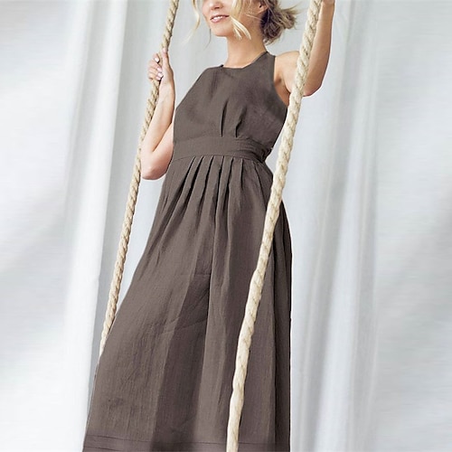 

Women's Casual Dress Linen Dress Swing Dress Long Dress Maxi Dress Pink Brown Sleeveless Pure Color Ruched Spring Summer Crew Neck Weekend Loose Fit 2022 S M L XL