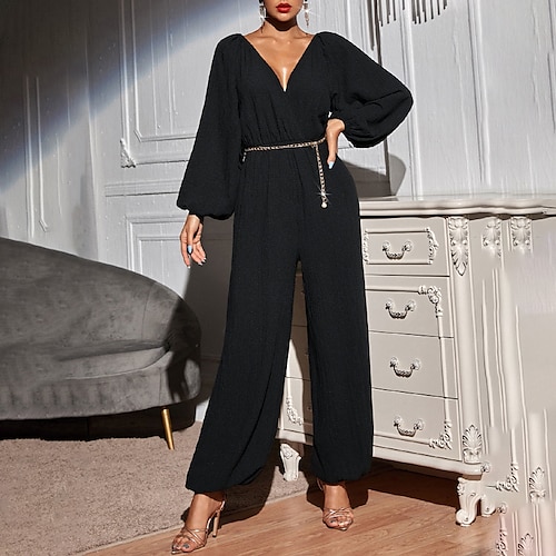 

Women's Jumpsuit Backless Solid Color V Neck Elegant Party Regular Fit Long Sleeve Black One-Size Spring