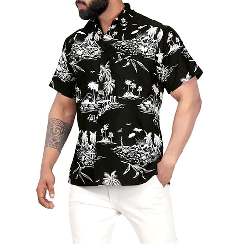 

Men's Shirt Ink Painting Turndown Street Casual Button-Down Short Sleeve Tops Casual Fashion Comfortable Beach Black / White