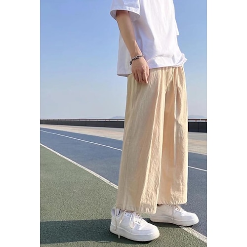 

Men's Linen Pants Beach Pants Drawstring Wide Leg Baggy Solid Colored Full Length Daily Cotton Blend Streetwear Casual / Sporty Loose Fit Black Gray