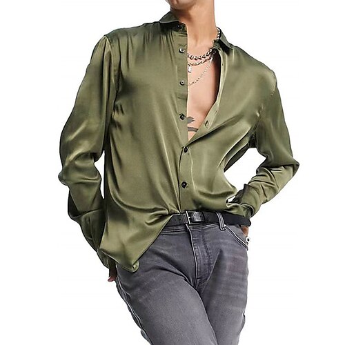 

Men's Satin Silk Shirt Dress Shirt Prom Shirt Solid Color Turndown Dark Green Wedding Party Long Sleeve Button-Down Clothing Apparel Fashion Luxury Shiny Comfortable / Beach