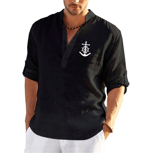 

Herren leinenhemd Hemd Sommerhemd Strandhemd Schwarz Gelb Grau Langarm Graphic Kragen Sommer Frühling Outdoor Strasse Bekleidung Button-Down