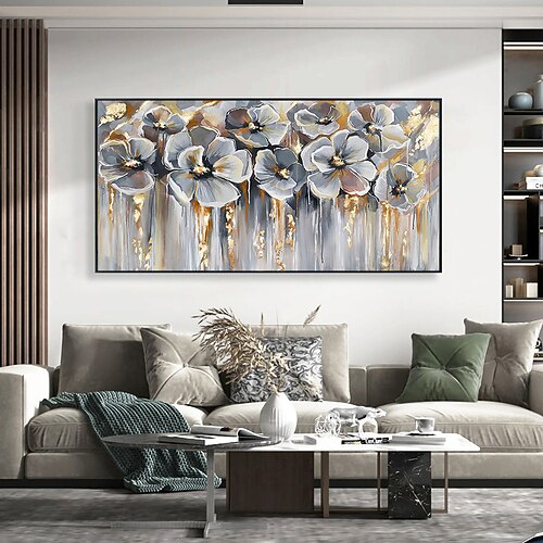 

Handmade Oil Painting Canvas Wall Art Decoration Abstract Gold Foil Floral Painting White Flowers in Bloom for Home Decor Rolled Frameless Unstretched Painting