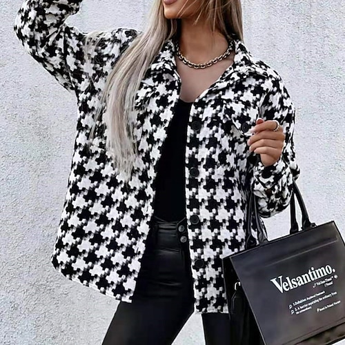 

Women's Winter Coat Breathable Outdoor Street Daily Going out Pocket Single Breasted Turndown Casual Shacket Houndstooth Regular Fit Outerwear Long Sleeve Winter Fall Black Khaki White S M L XL XXL