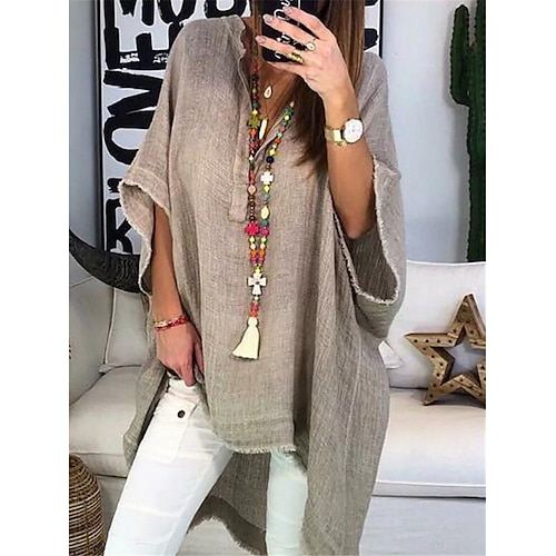 

Women's Blouse Plain Casual Daily Weekend Blouse Half Sleeve Patchwork Round Neck Casual Vintage Gray Yellow Beige S