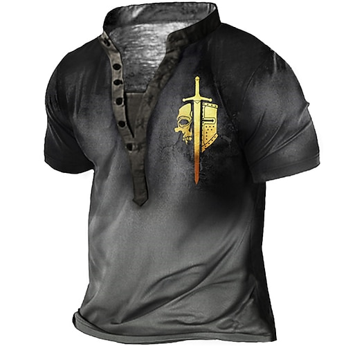 

Men's Henley Shirt Tee T shirt Tee 3D Print Graphic Patterned Skull Plus Size Stand Collar Daily Sports Button-Down Print Short Sleeve Tops Designer Basic Casual Big and Tall Dark Gray / Summer