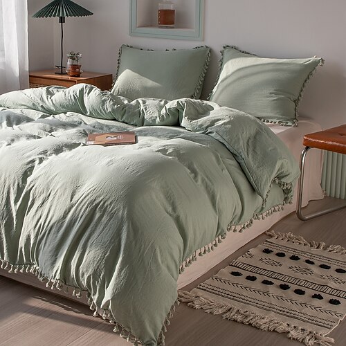 

Duvet Cover Set 3-Piece, Sage Green Soft Comfortable Bedding Sets Comforter Cover with Tassel, Warm Winter Bed Duvet Cover Sets, Include Matching Pillow Shams