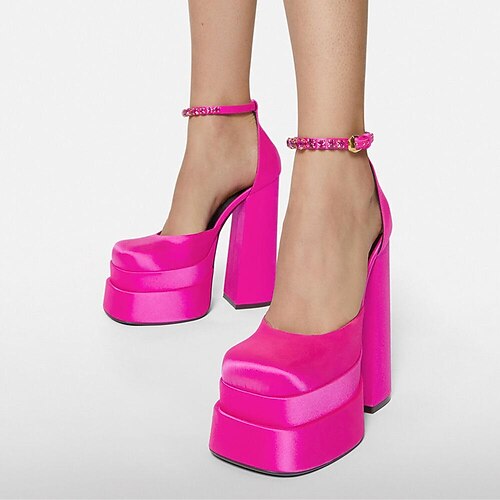 

High Heel Platform Thick Heel Hollow Square Head Satin Hate Sky High Baotou Plus Size Catwalk Sandals High Heels
