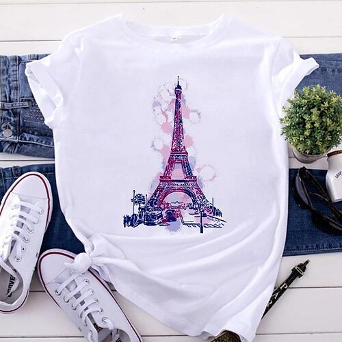 

2022 spring and summer wish foreign trade paris tower printing color short-sleeved new printing t-shirt one piece on behalf of