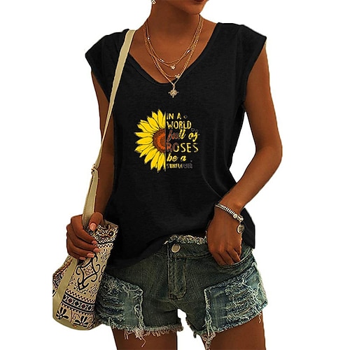 

Women's Tank Top Camis Green Blue Yellow Letter Sunflower Print Sleeveless Holiday Weekend Streetwear Casual V Neck Regular Floral S / 3D Print